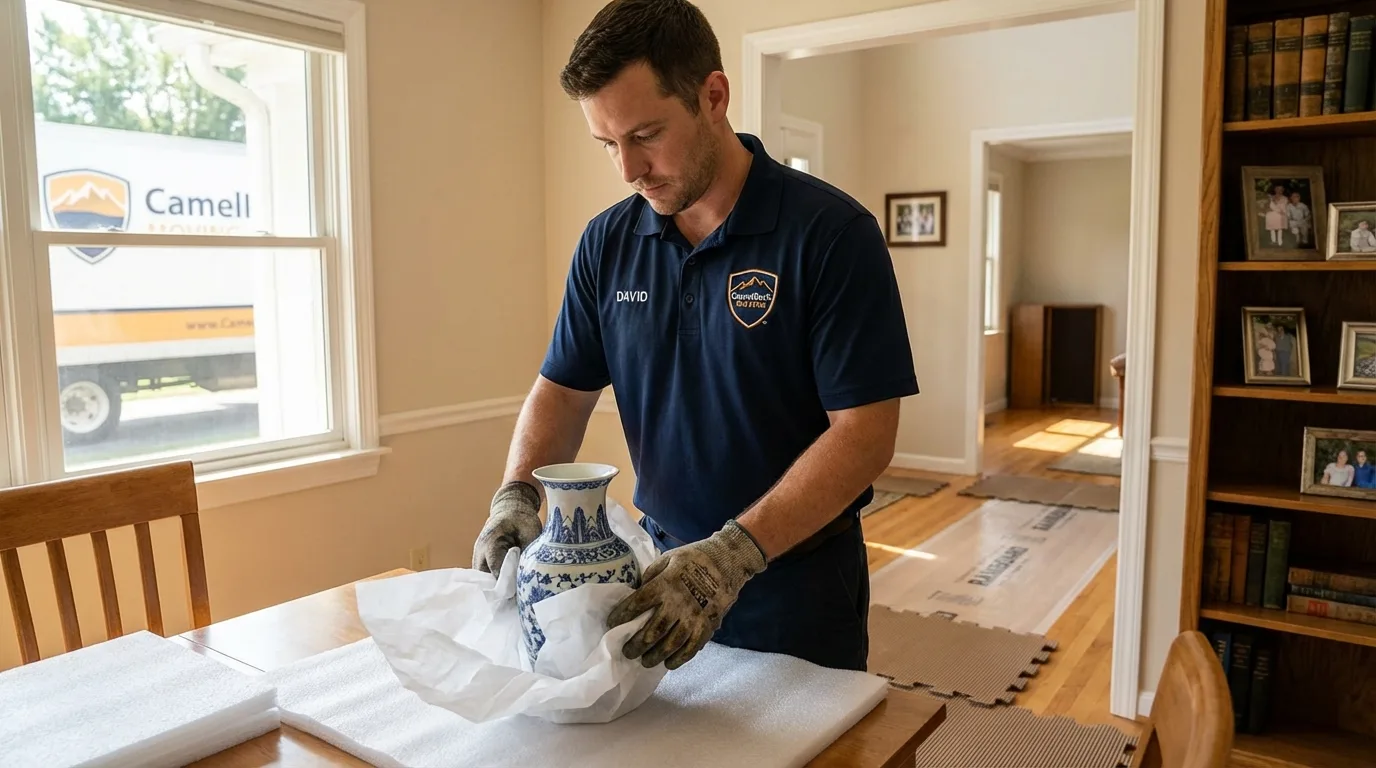 Professional crew carefully wrapping antique vase for senior downsizing move in Perrysburg, OH